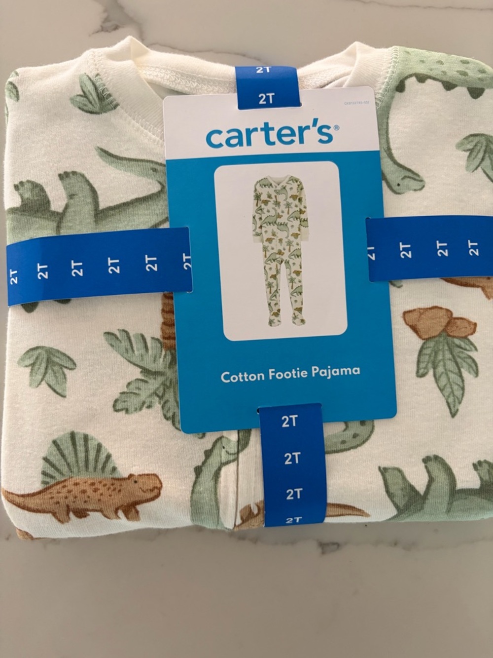 Carter's White Cotton Footie Pajama with Green & Brown Dinosaur Print